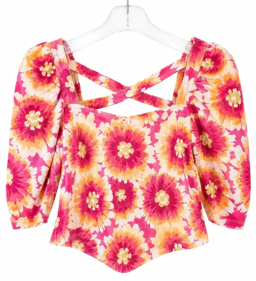 Free People Floral Puff Sleeve Cross-Back Crop Top |